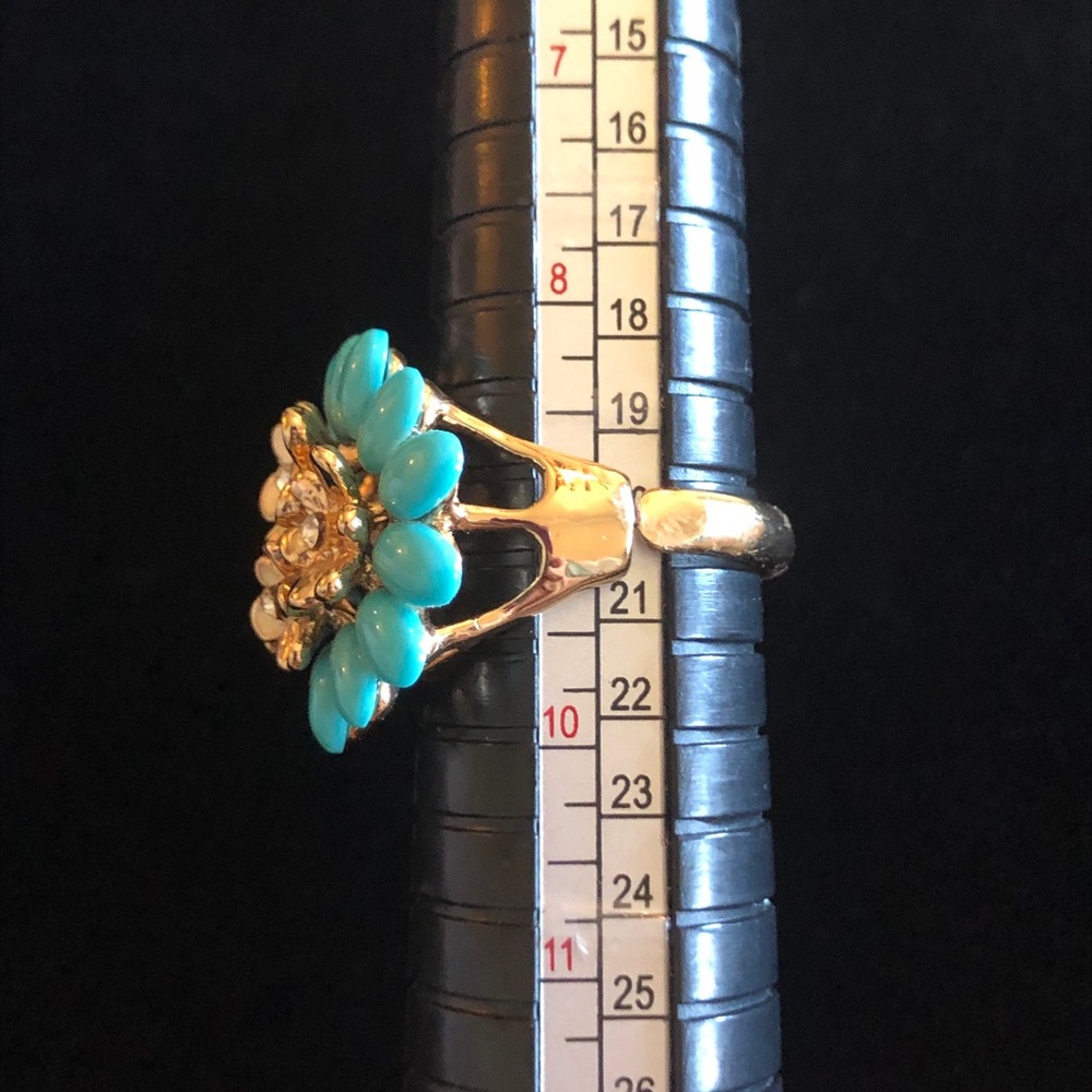 Floral Turquoise Like Blue Color and Gold Tone Women's Ring - Picture 11 of 11